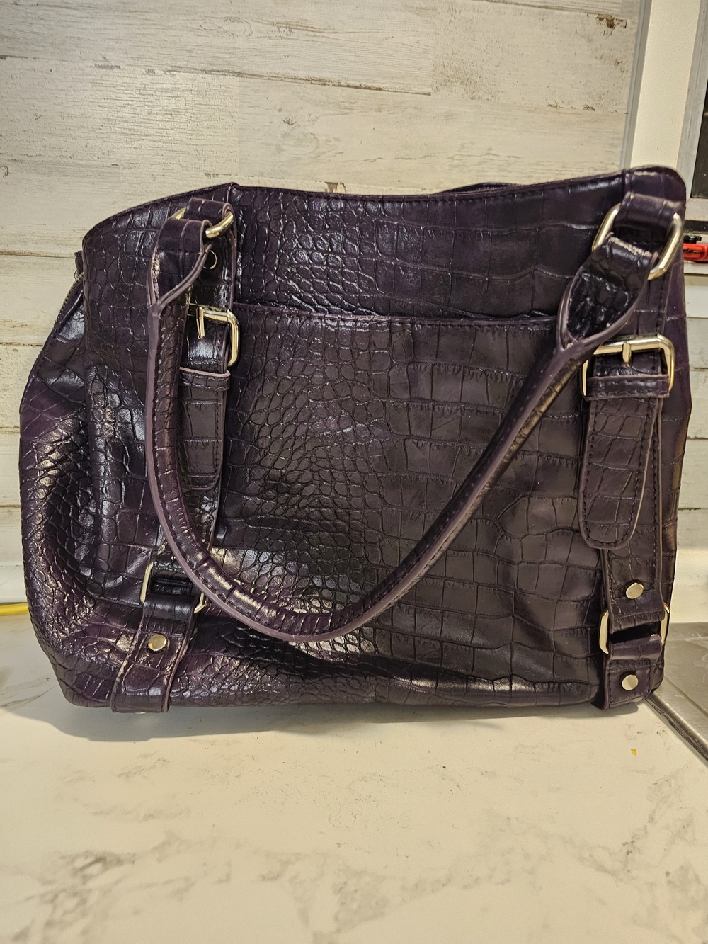 Cato Croc-Textured Deep Purple Shoulder Bag